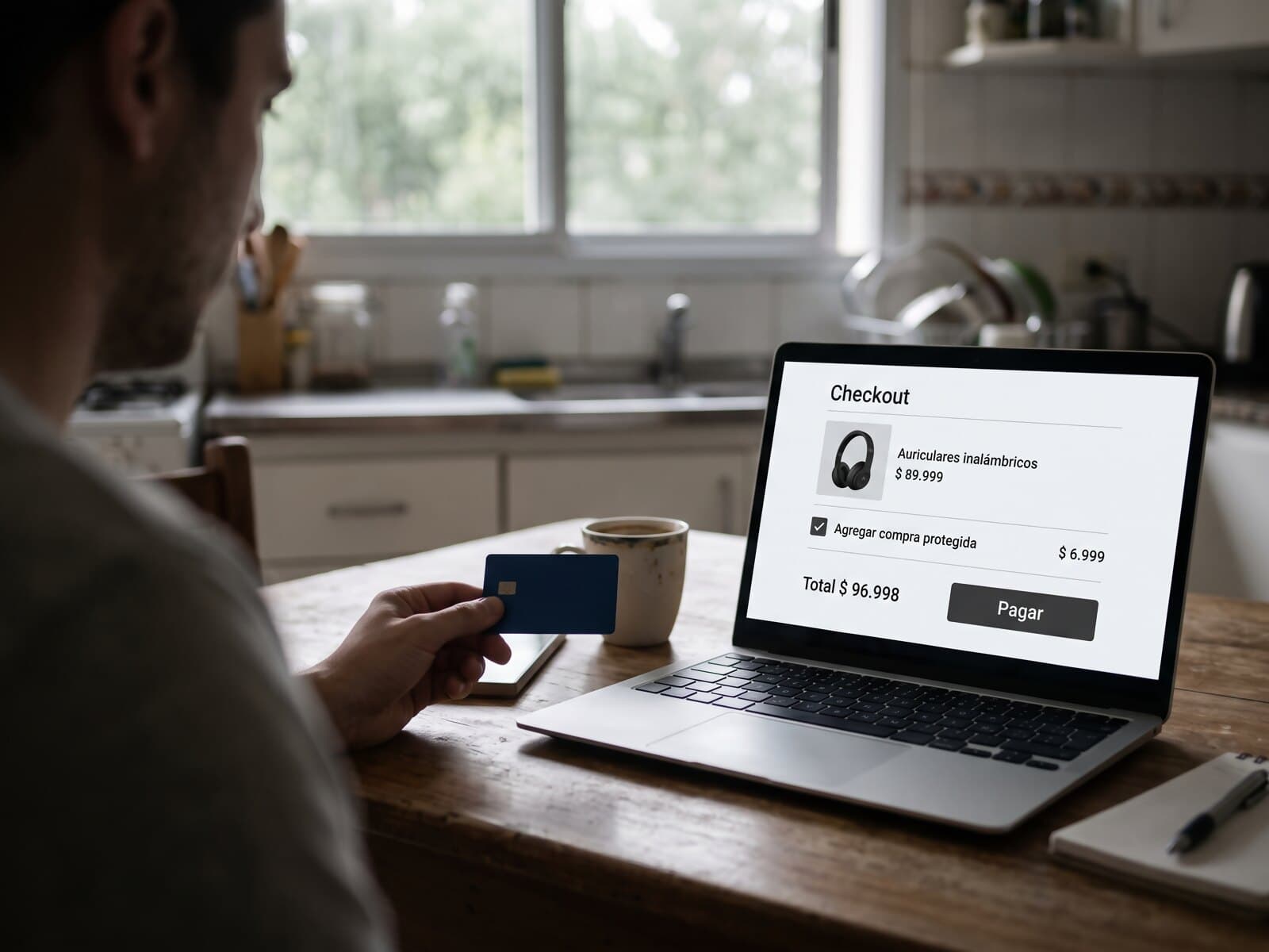 A person at the kitchen table, card in hand, at an online store checkout with purchase protection ticked.
